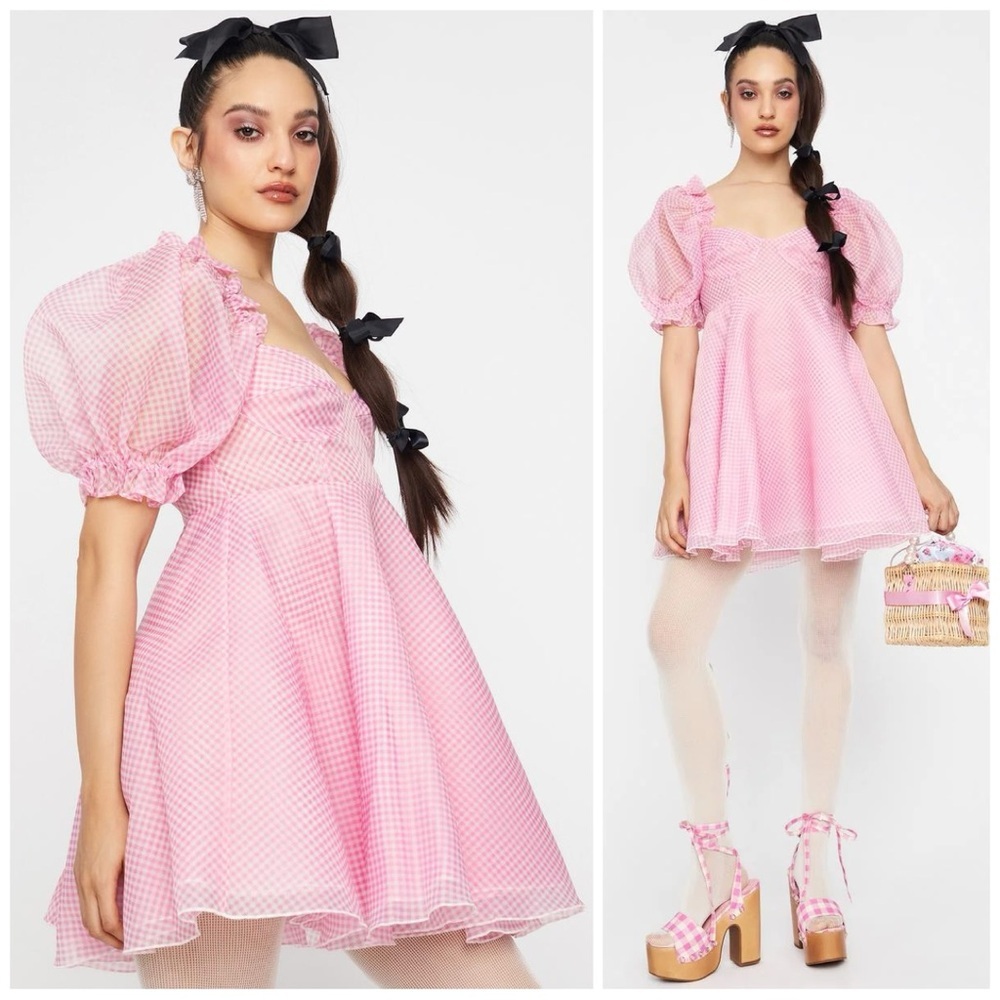 Selkie Ice Cream Pink Gingham Puff Sleeve Mini Dress babydoll Size M NWT​